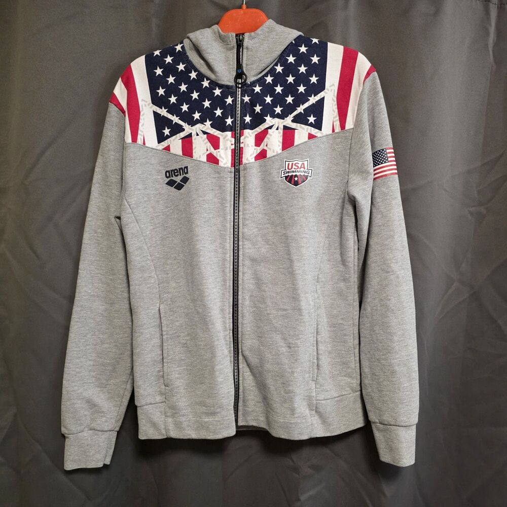 Arena USA Swimming OG Hooded Full Zip Jacket Gray Flag Small S 003869